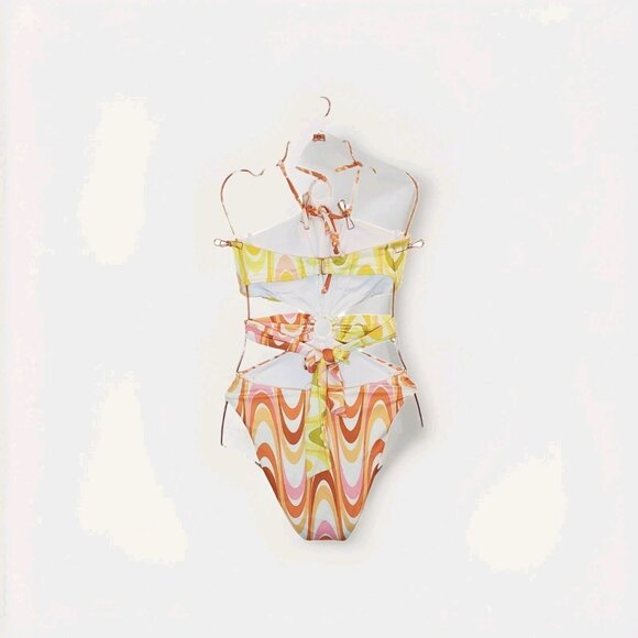 Becca Whirlpool Margot High Neck Halter One Piece Size Small Citrus Retro Print - Picture 2 of 16